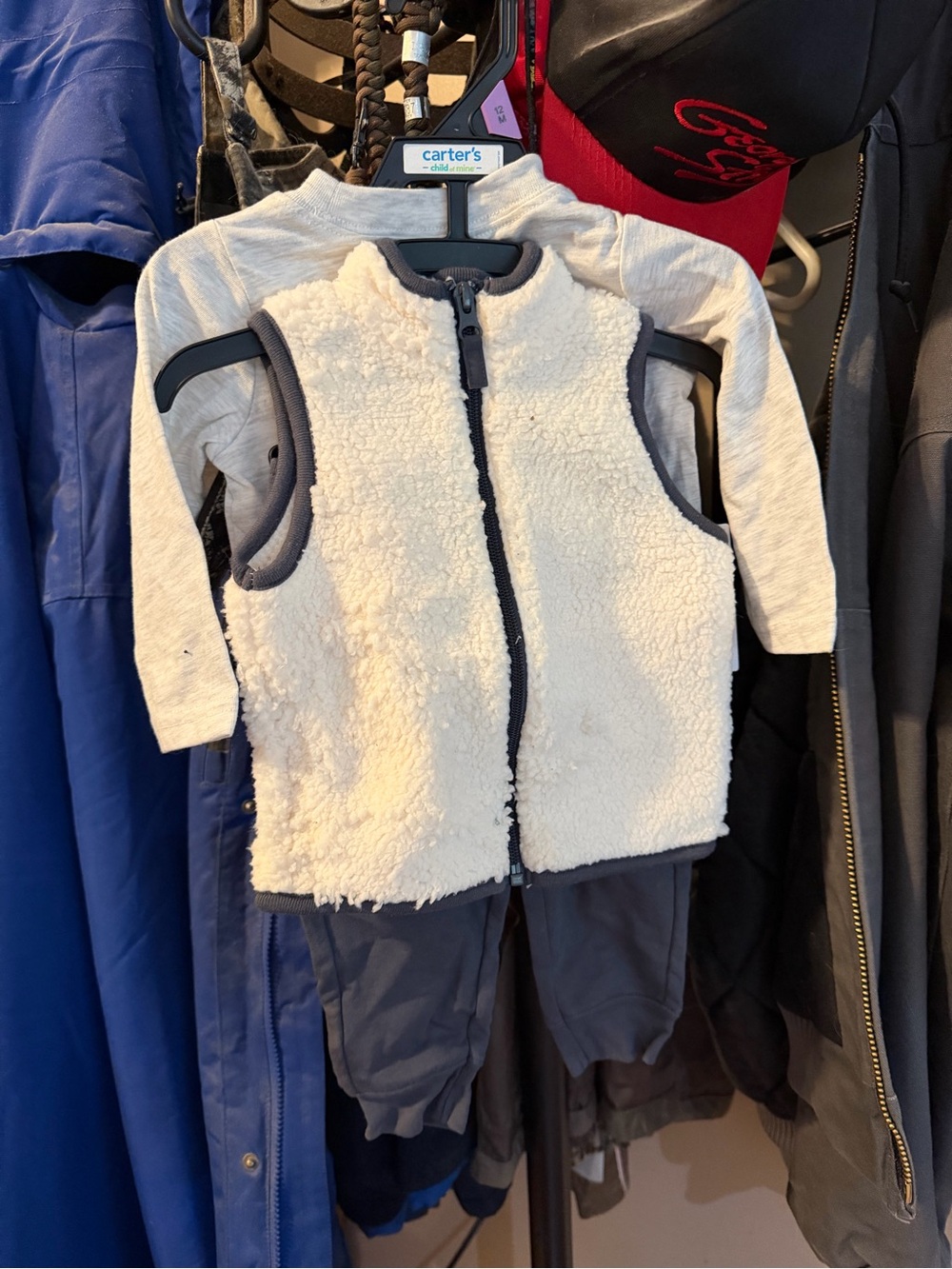 child of mine Cream Sherpa Vest with Gray Pants and Top